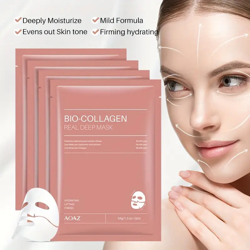 Bio-Collagen Real Deep Mask Pack Hydrating & Firming Facial Sheet Masks with Collagen, Hyaluronic Acid & Nicotinamide Moisturizing & Invigorating for All Skin Types