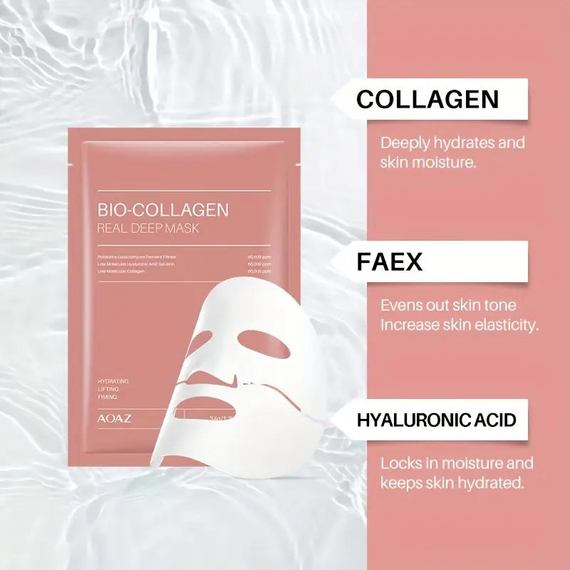 Bio-Collagen Real Deep Mask Pack Hydrating & Firming Facial Sheet Masks with Collagen, Hyaluronic Acid & Nicotinamide Moisturizing & Invigorating for All Skin Types